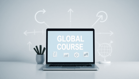 A modern workspace with a laptop showing digital course icons and symbolic global tax elements like arrows and globes on a clean background.