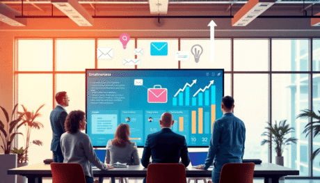 A modern workspace with professionals collaborating around a digital dashboard showing email, security, and growth icons on a bright, tech-inspired...