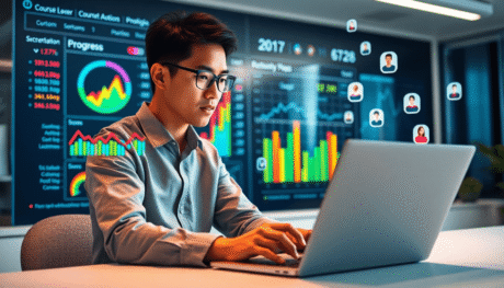 A sleek digital dashboard with colorful charts and graphs, a focused person reviewing progress on a laptop in a bright, modern workspace.