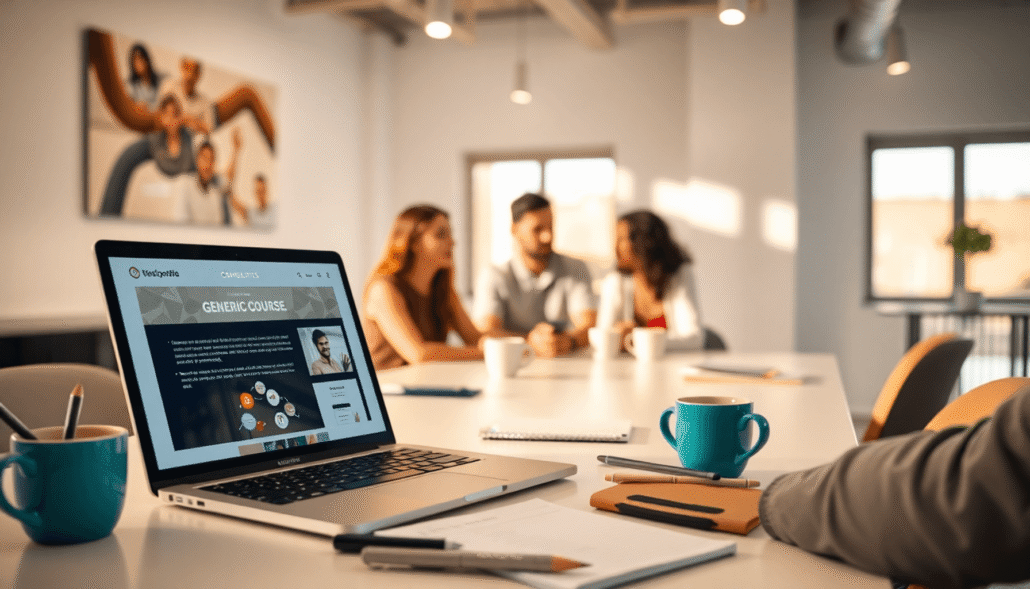 Bright modern workspace with laptop showing course website, surrounded by notebooks, pens, coffee cups; group of people engaged in workshop in warm...