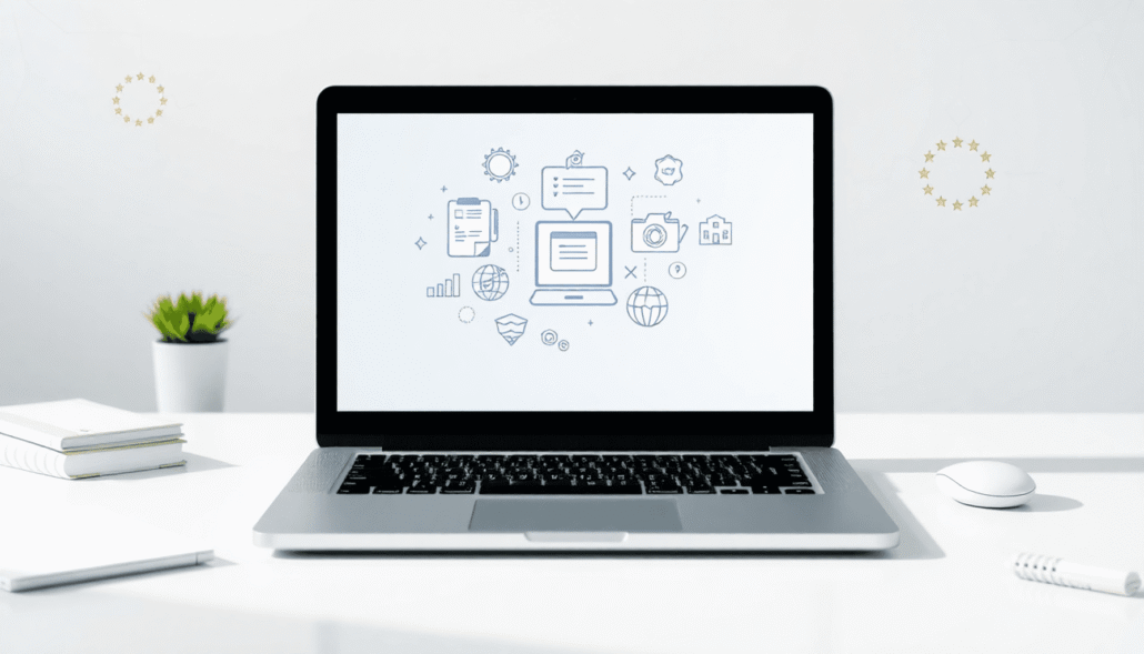 Bright modern workspace with laptop showing floating digital course icons, surrounded by subtle European and Latvian symbols, representing online e...