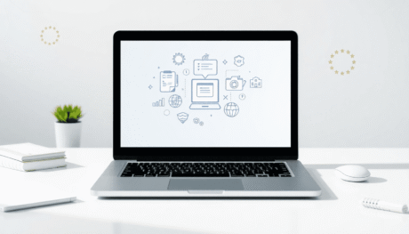 Bright modern workspace with laptop showing floating digital course icons, surrounded by subtle European and Latvian symbols, representing online e...