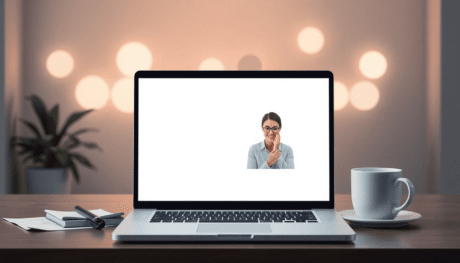 Bright modern workspace with laptop showing webinar, notes, coffee cup, and glowing abstract shapes symbolizing automation and continuous sales flow.