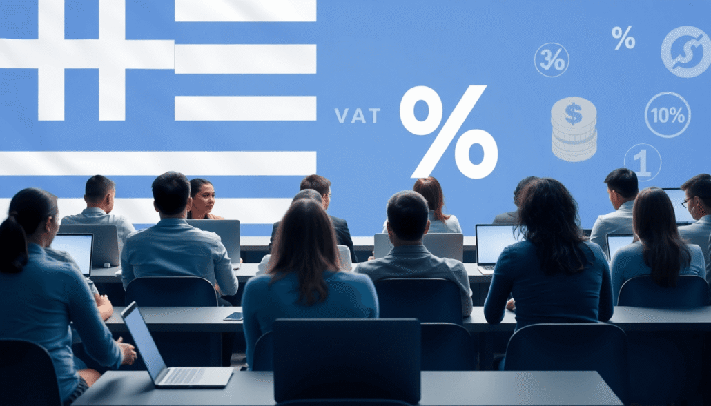 Digital classroom with people using laptops and tablets, Greek flag background blended with tax symbols like percentage signs and coins.