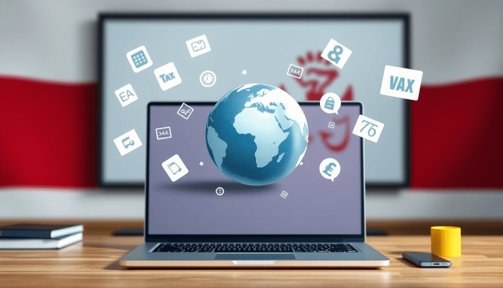 Laptop showing abstract globe with floating digital and tax icons, set against blended Maltese flag colors and EU stars in a modern digital classroom.