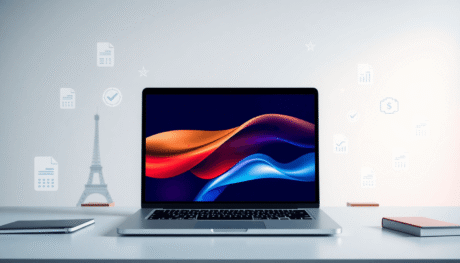 Laptop showing an abstract online course with French elements, floating icons of education, tax documents, and compliance on a clean digital classr...