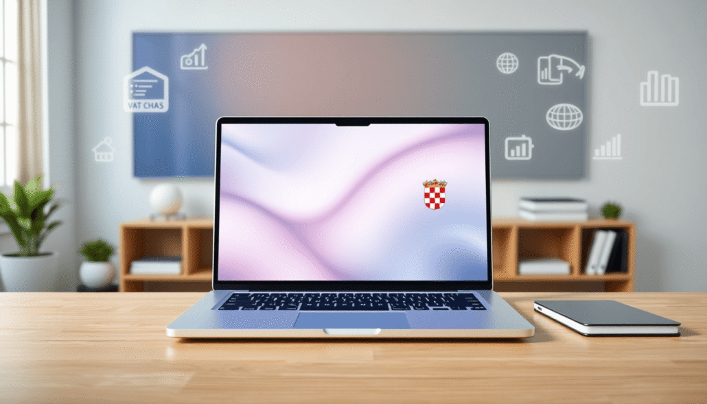 Laptop showing online course interface in a modern classroom with digital education and tax icons, Croatian flag subtly in the background.
