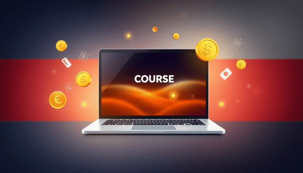 Laptop with abstract online course interface, floating golden euro coins, education and finance icons, against Dutch flag colors and digital networ...
