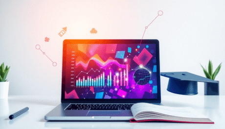 Laptop with colorful data charts, surrounded by marketing icons and symbols of online courses, set in a bright, modern workspace.