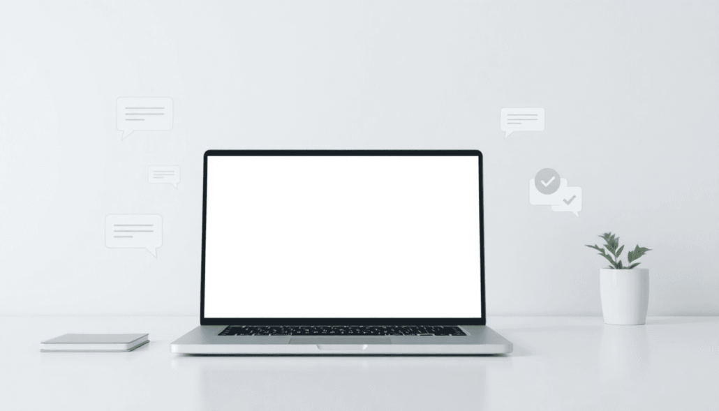 Modern workspace with a laptop showing a simple UI, surrounded by fading chat bubbles and checkmarks in soft, calming colors.