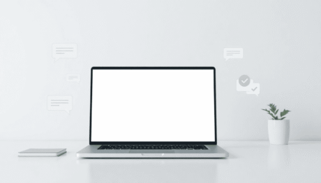 Modern workspace with a laptop showing a simple UI, surrounded by fading chat bubbles and checkmarks in soft, calming colors.