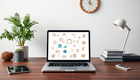 Modern workspace with laptop showing abstract digital course icons, surrounded by subtle cultural elements, symbolizing online education and tax co...
