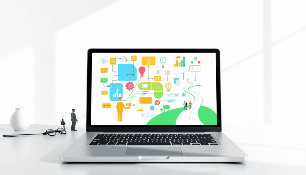 Modern workspace with laptop showing colorful flowcharts, symbols for drip content, cohort learning, and self-paced learning, set in a bright, mini...