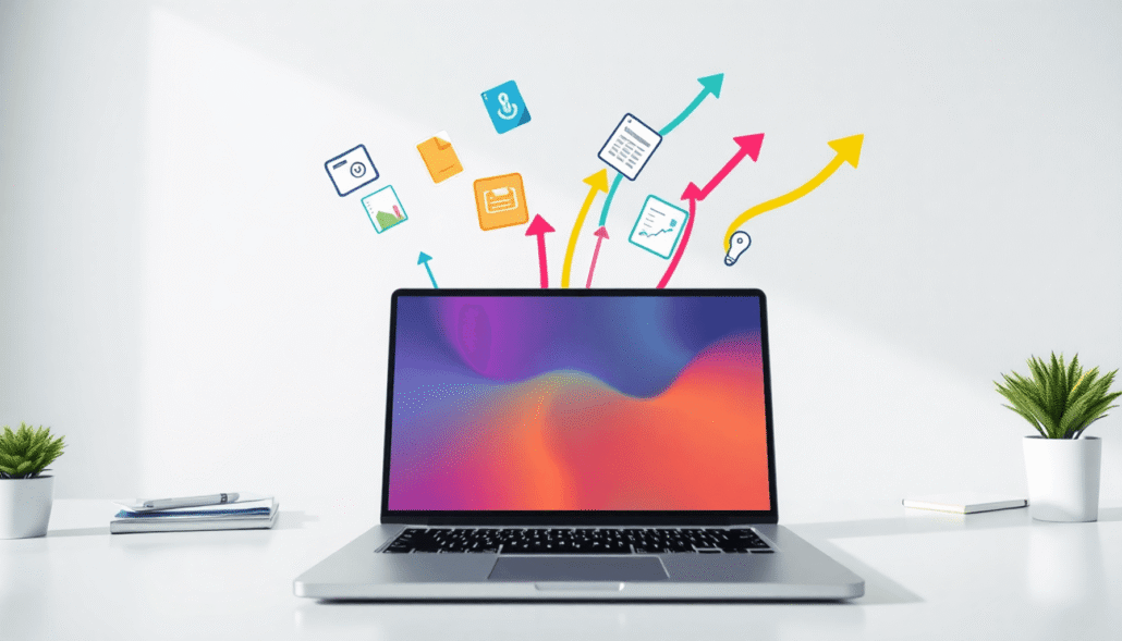 Modern workspace with laptop showing digital course interface, floating icons of downloads, vibrant arrows, and interconnected shapes on a clean, m...