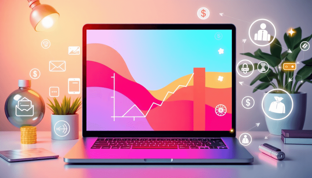 Modern workspace with laptop showing growth charts, surrounded by digital icons and arrows illustrating affiliate marketing and online courses.