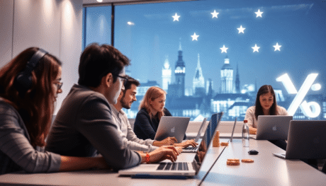 People learning online with laptops and tablets, surrounded by glowing tax symbols, against a backdrop of Luxembourg skyline and EU stars.