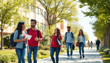 Students chatting and walking on a sunny university campus with digital communication icons subtly integrated, surrounded by greenery and open skies.