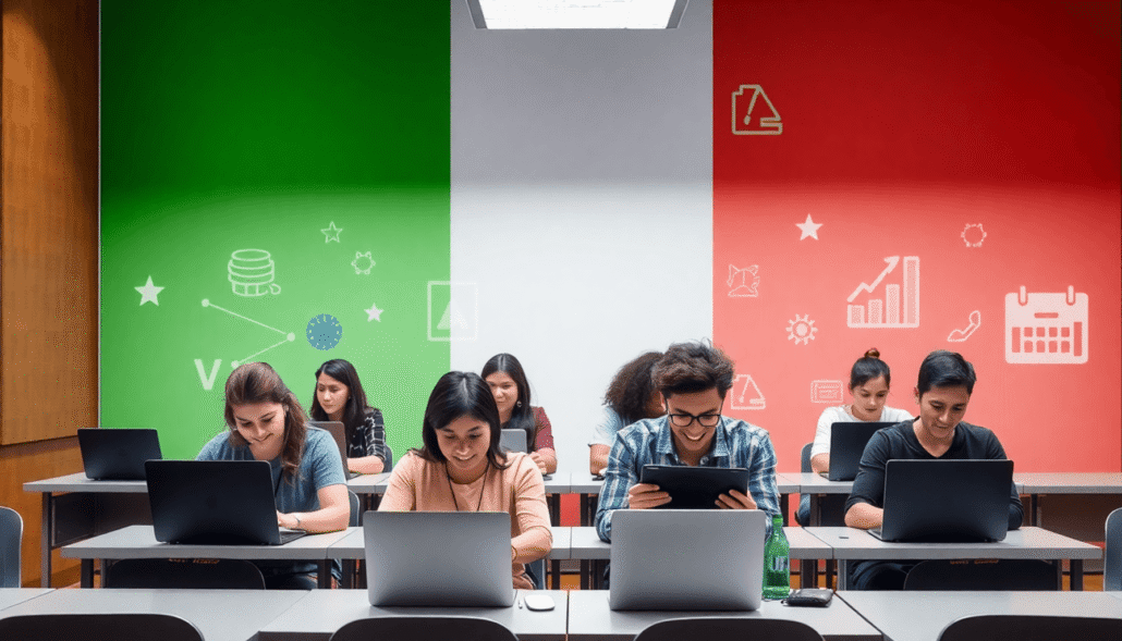 Students using laptops and tablets in a digital classroom with the Italian flag and abstract symbols of tax and connectivity in the background.