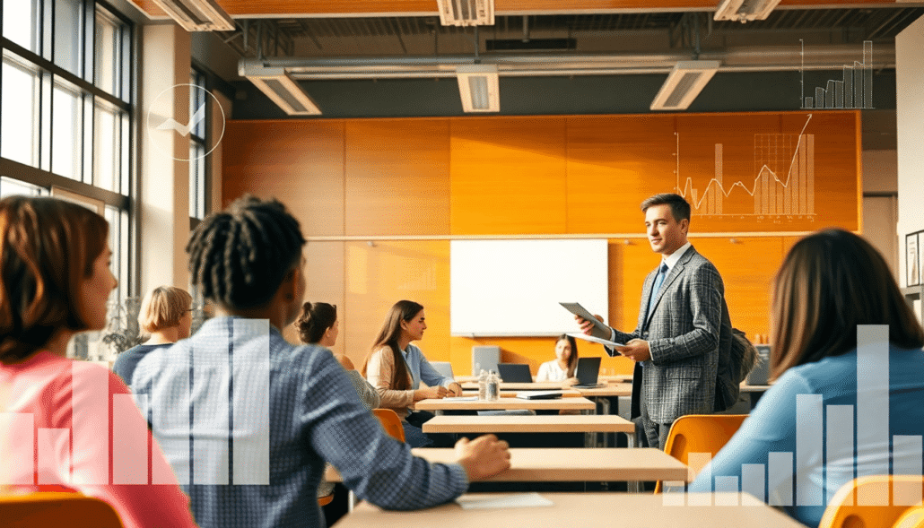 University classroom with students engaged in discussion, a professor taking notes, and abstract data charts subtly overlaid in warm natural light.