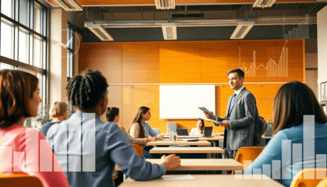 University classroom with students engaged in discussion, a professor taking notes, and abstract data charts subtly overlaid in warm natural light.