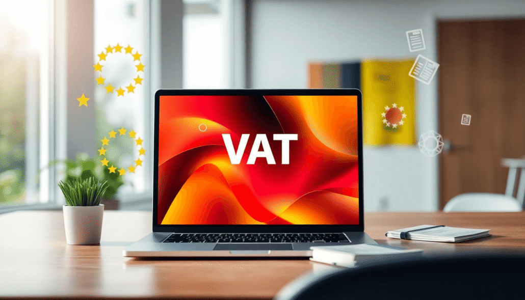 A bright digital classroom with a laptop showing an online course, EU stars, Belgian flag colors, and icons of tax documents and digital transactions.