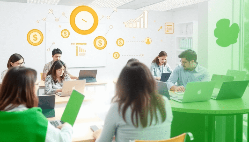 A modern digital classroom with people using laptops and tablets, surrounded by finance symbols and a subtle Irish flag color backdrop.