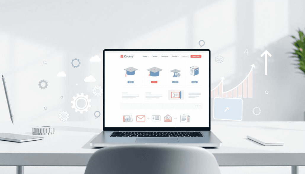 Modern workspace with laptop showing a sleek website interface, surrounded by gears, arrows, and network icons symbolizing control and growth in br...