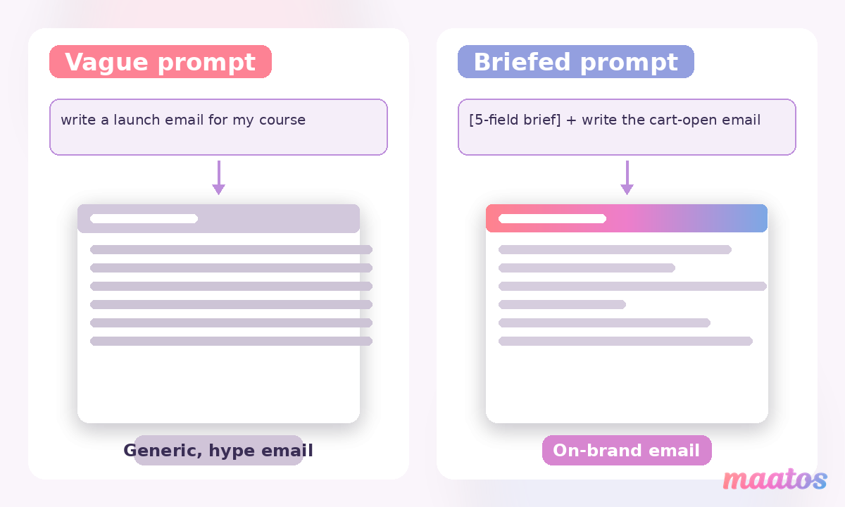 Side-by-side comparison of a vague ChatGPT prompt producing a generic hype email versus a briefed prompt producing a specific, on-brand launch email.