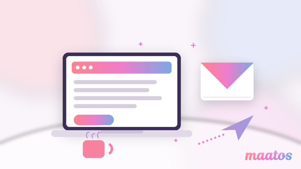 Illustration of a laptop showing an email and sales page with an envelope and a paper plane, in the Maatos pastel gradient