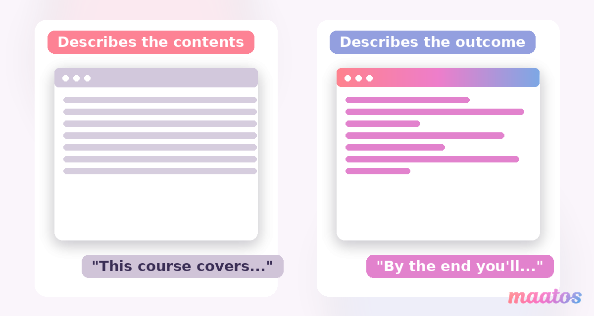Before-and-after comparison of a course description — a flat, contents-led version on the left and a tighter, outcome-led human version on the right.