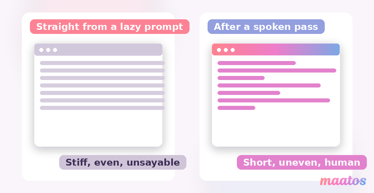 A stiff essay-style AI script on the left versus a rewritten, natural-sounding spoken version on the right after editing.