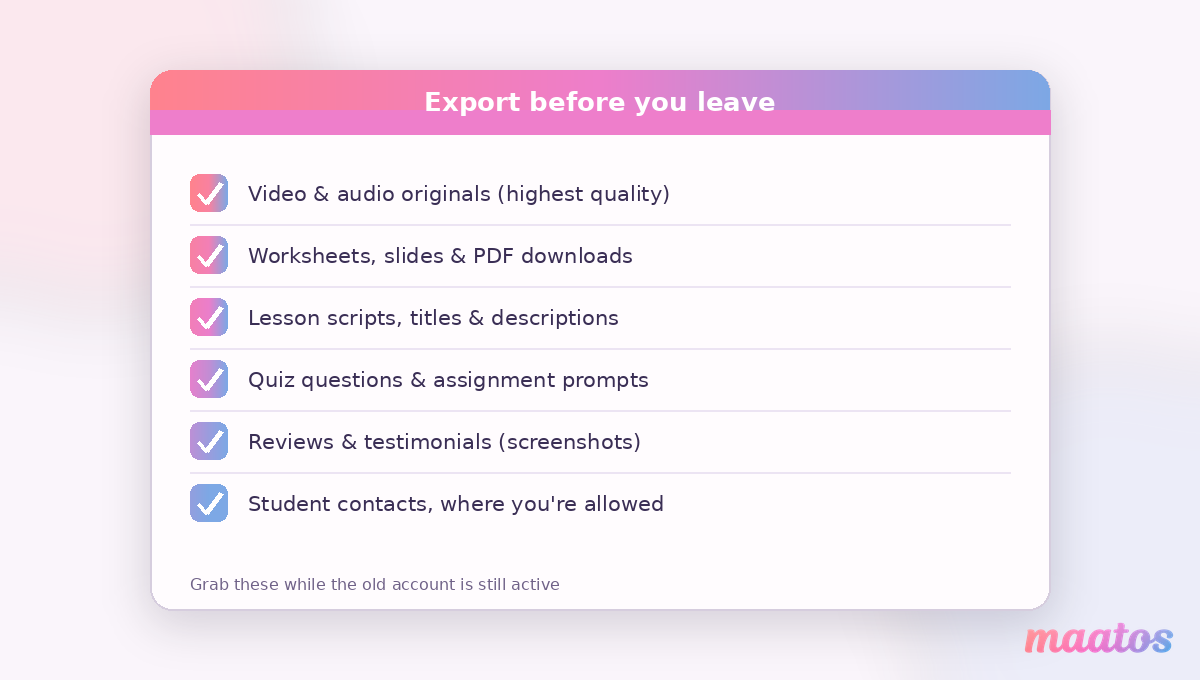 Checklist of course assets to export before leaving a platform: videos, worksheets, scripts, quizzes, reviews and contacts