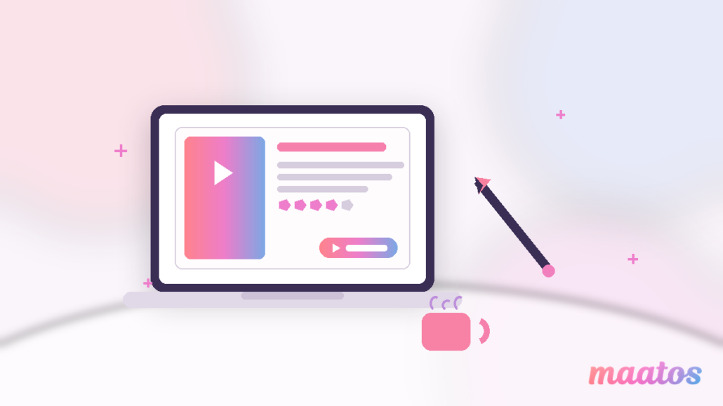 Laptop showing a course listing card with a rating and an enrol button, a pen and sparkles — building a course description, no text