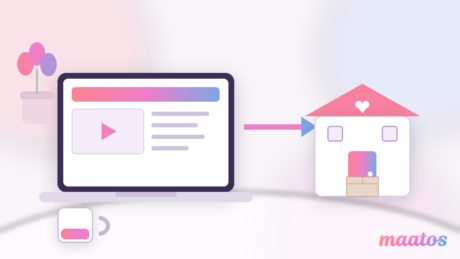 Illustration of an online course moving into its own branded home on a laptop, in the Maatos pastel colours