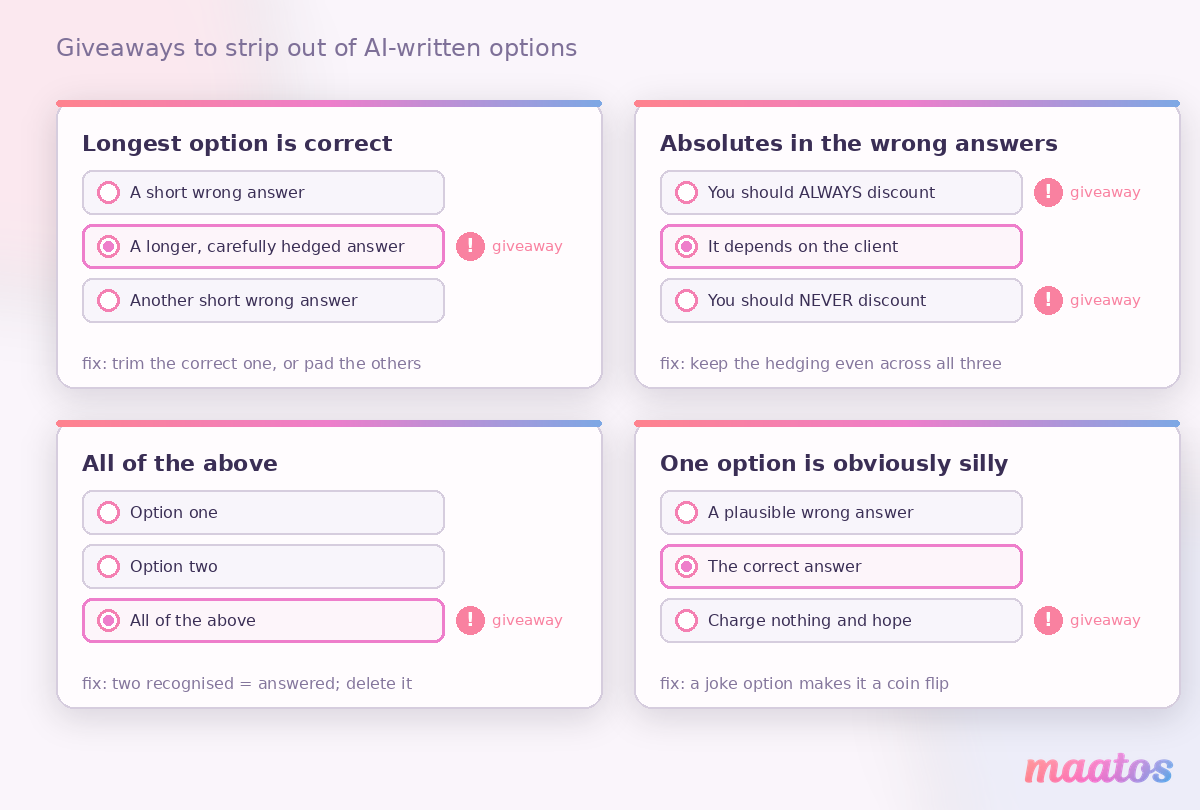 Four common giveaways in AI-written multiple-choice options: the longest option being correct, absolute words in the wrong answers, an "all of the above" option, and one obviously silly choice.