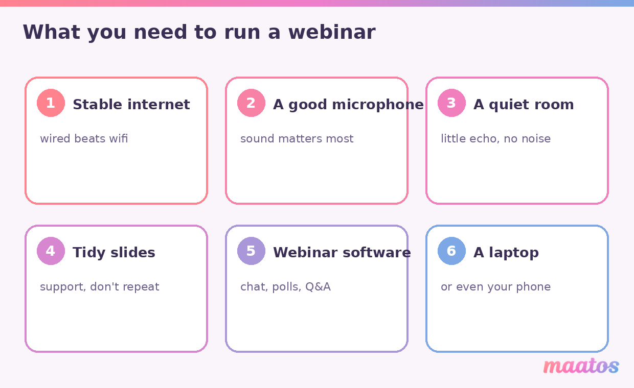 Overview of what you need to run a webinar: stable internet, a good microphone, a quiet room, tidy slides, webinar software and a laptop, in Maatos pastel colors.