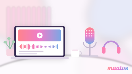 Illustration of a course creator's desk with a laptop showing a video lesson and its audio waveform, a studio microphone, headphones, a mug and a plant, in the Maatos pastel gradient colours