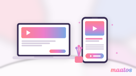 A phone and a laptop side by side, both showing the same course website with a video thumbnail and enrol button, in the Maatos pastel gradient.