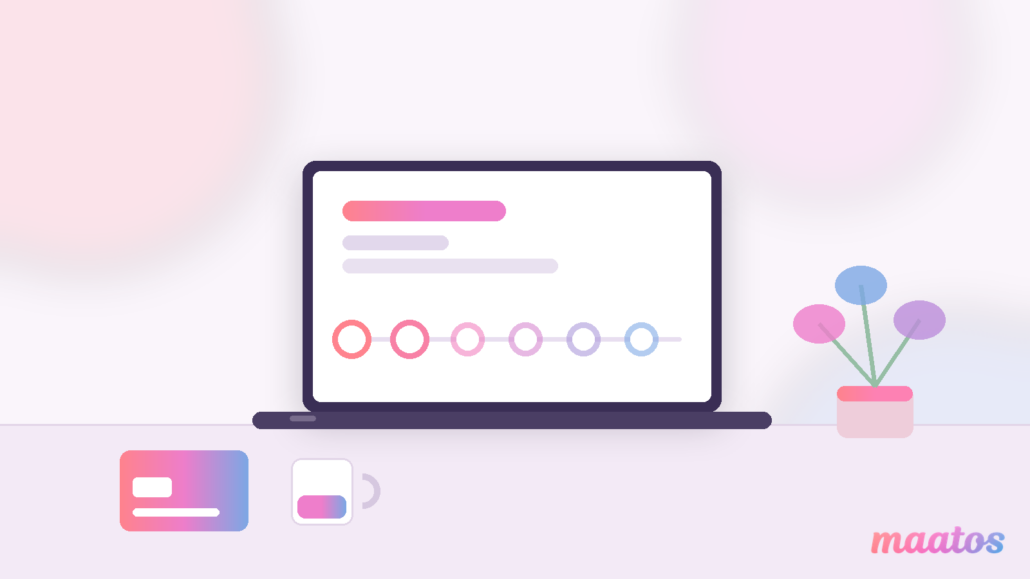 Illustration of a course creator's desk with a laptop showing a repeating rhythm of payment moments, in the Maatos brand colours.
