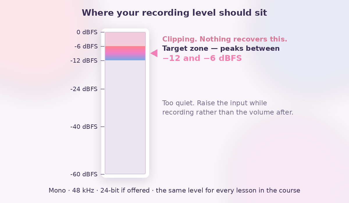 Audio level meter showing the target recording zone between minus 12 and minus 6 dBFS, the clipping zone at 0 dBFS and the too-quiet zone below