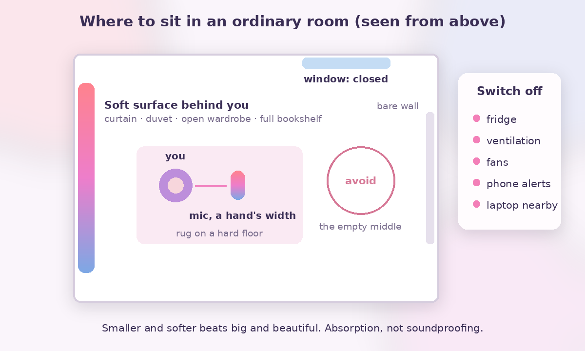 Top-down diagram of where to sit when recording a course lesson: soft surfaces on the wall behind you, a rug on a hard floor, the window closed, away from the empty middle of the room, with a list of things to switch off
