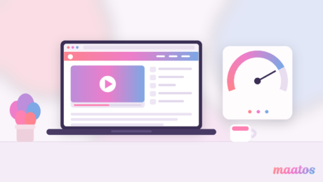 Illustration of a laptop showing a course website with a video player, next to a usage gauge, on a desk in the Maatos brand colours.