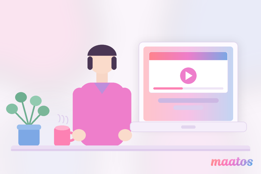 Flat illustration of a course creator at a desk watching a video lesson on a laptop, with caption bars shown beneath the player