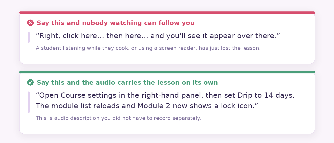 Two narration examples contrasting vague on-screen pointing with a spoken description that works without the picture