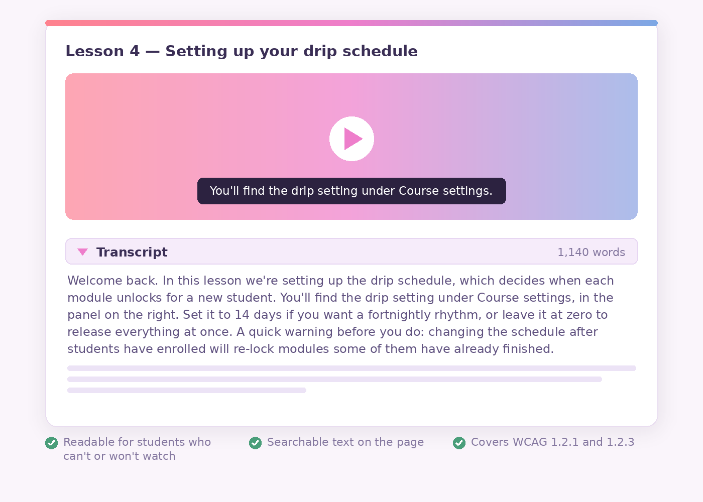 Mock lesson page showing a video player with captions and a full text transcript published underneath it