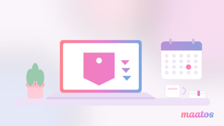 Illustration of a desk with a laptop showing a price tag and falling arrows, next to a calendar, in the Maatos pastel gradient