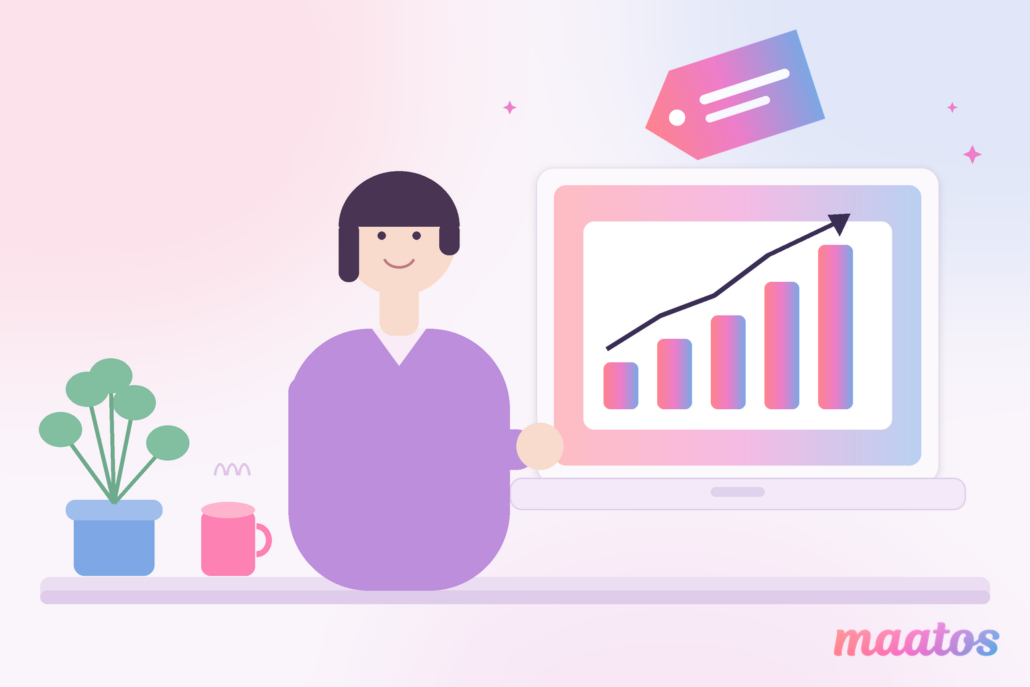 Flat illustration of a smiling course creator at a desk beside a laptop showing rising bars and an upward arrow, with a price tag floating above, in Maatos pastel pink, lilac and blue.