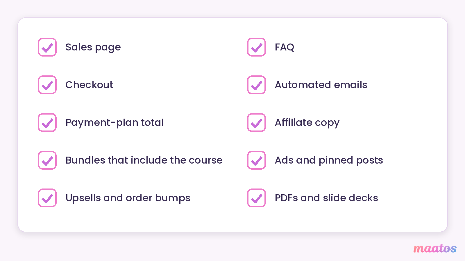 Checklist of ten places an old course price can hide: sales page, checkout, payment-plan total, bundles that include the course, upsells and order bumps, FAQ, automated emails, affiliate copy, ads and pinned posts, PDFs and slide decks.