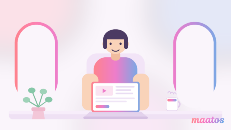 Illustration of a course creator at a laptop between two soft gradient archways, in the Maatos pastel style