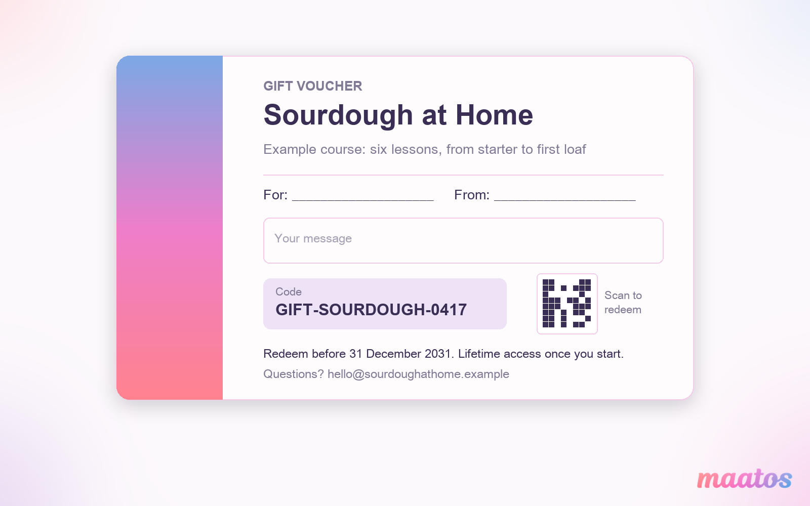 An example gift voucher for a fictional course, showing the course name, a message box, the redemption code, a QR code, a redeem-by date with lifetime access once started, and a contact address